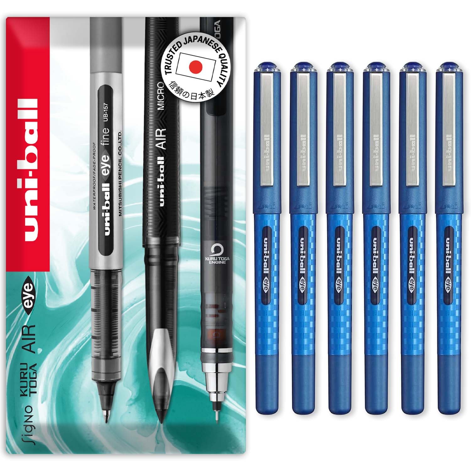 uni-ball EYE - UB-157D Liquid Ink Rollerball Pens - 0.7mm Nib - In Envelope Gift Packaging (Pack of 6, Blue)