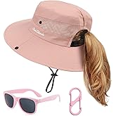 Kids Summer Sun Hat with Ponytail Hole Girls UV Protection Wide Brim Beach Cap with Sunglasses and Hat Clip Age 5-12