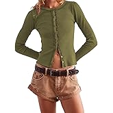 Womens Slim Fitted Cardigan Long Sleeve Y2K Ribbed Tops Button Down Shirts