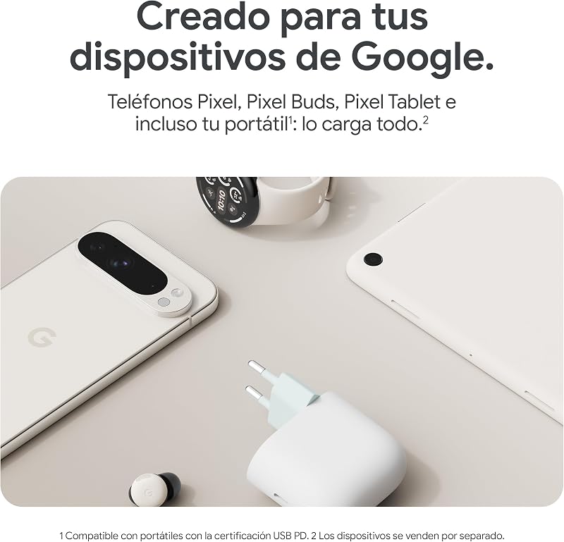 Cargador USB-C de 45 W de Google - Cargador de teléfono Pixel de Carga rápida - Compatible con los Productos de Creado por Google y Otros Dispositivos USB-C® - Nieve
