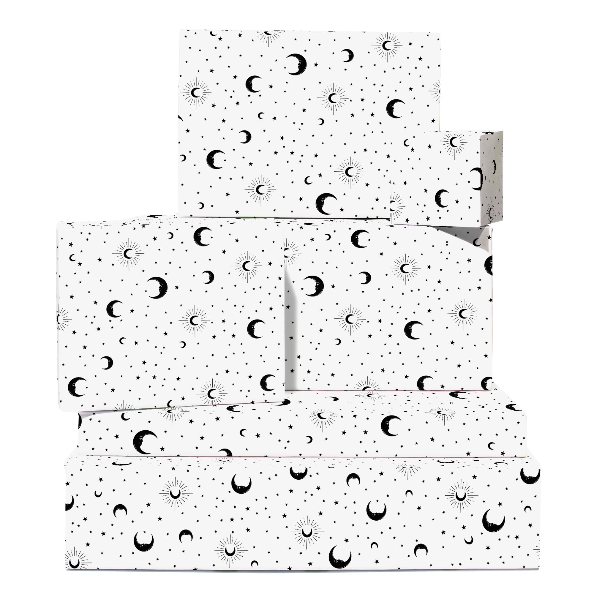 Central 23 - White Wrapping Paper - 6 Sheets of Monochrome Gift Wrap - Moons and Stars - Birthday Wrap for Her - Christmas Wrapping Paper for Men and Women - Recyclable
