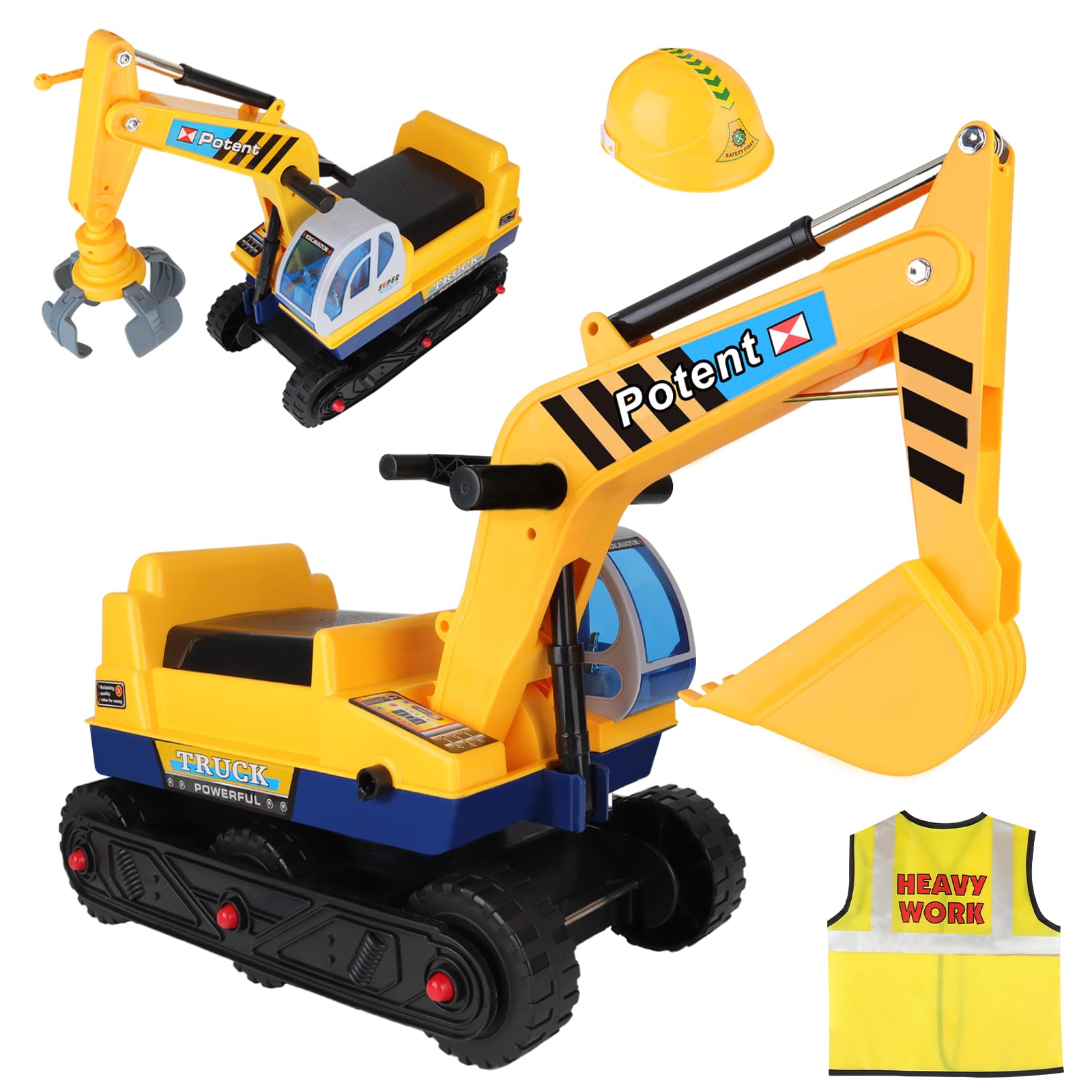 deAO Ride On Excavator Digger 2 in1 for Toddlers Pedal Free Vehicle With Two Different Claws