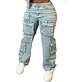 LKOUS Women's High Waisted Cargo Jeans Trendy Stretchy Straight Leg Jeans with Pockets