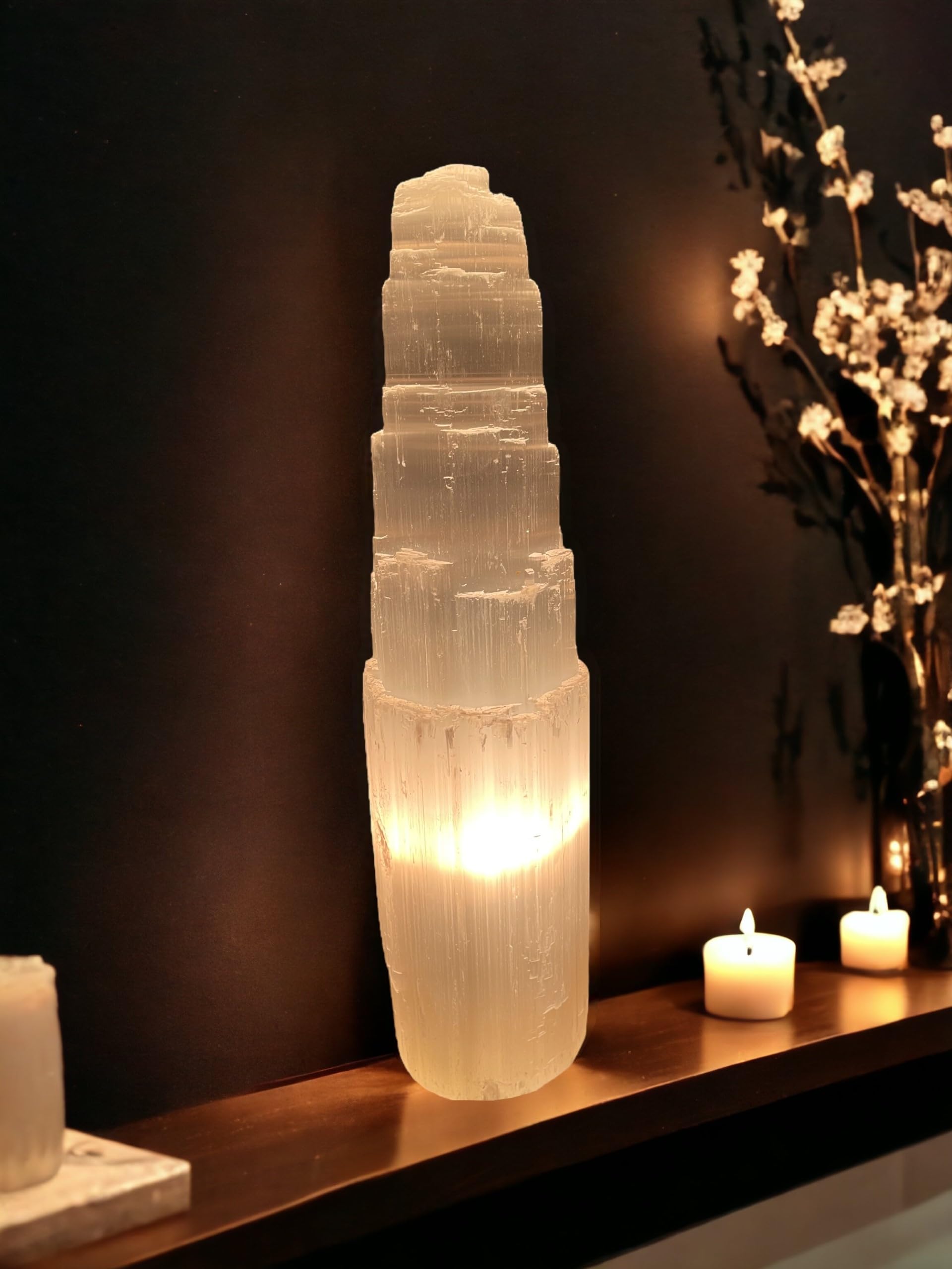 4All Selenite Crystal Lamp Handmade Natural White Selenite Tower Lamp Spiritual Healing Cleanse and Recharge Crystals Table Lamp Meditation Mineral Decoration Gift (30 cm)