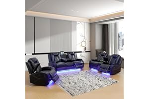 AYCP Multifunction Power Air Leather Recliner Sofa Set with LED Lights, Living Room Furniture, Reclining Sofa, loveseat, Chair with USB Port/Storage Console/Cup Holders (Black, 3 Pieces)