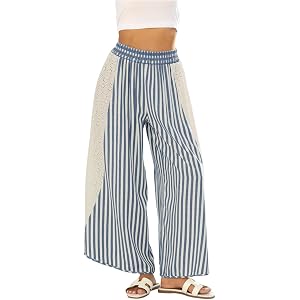 Women Lightweight Striped Patchwork Wide Leg Palazzo Pants Elastic High Waist Eyelet Lace Spliced Trousers