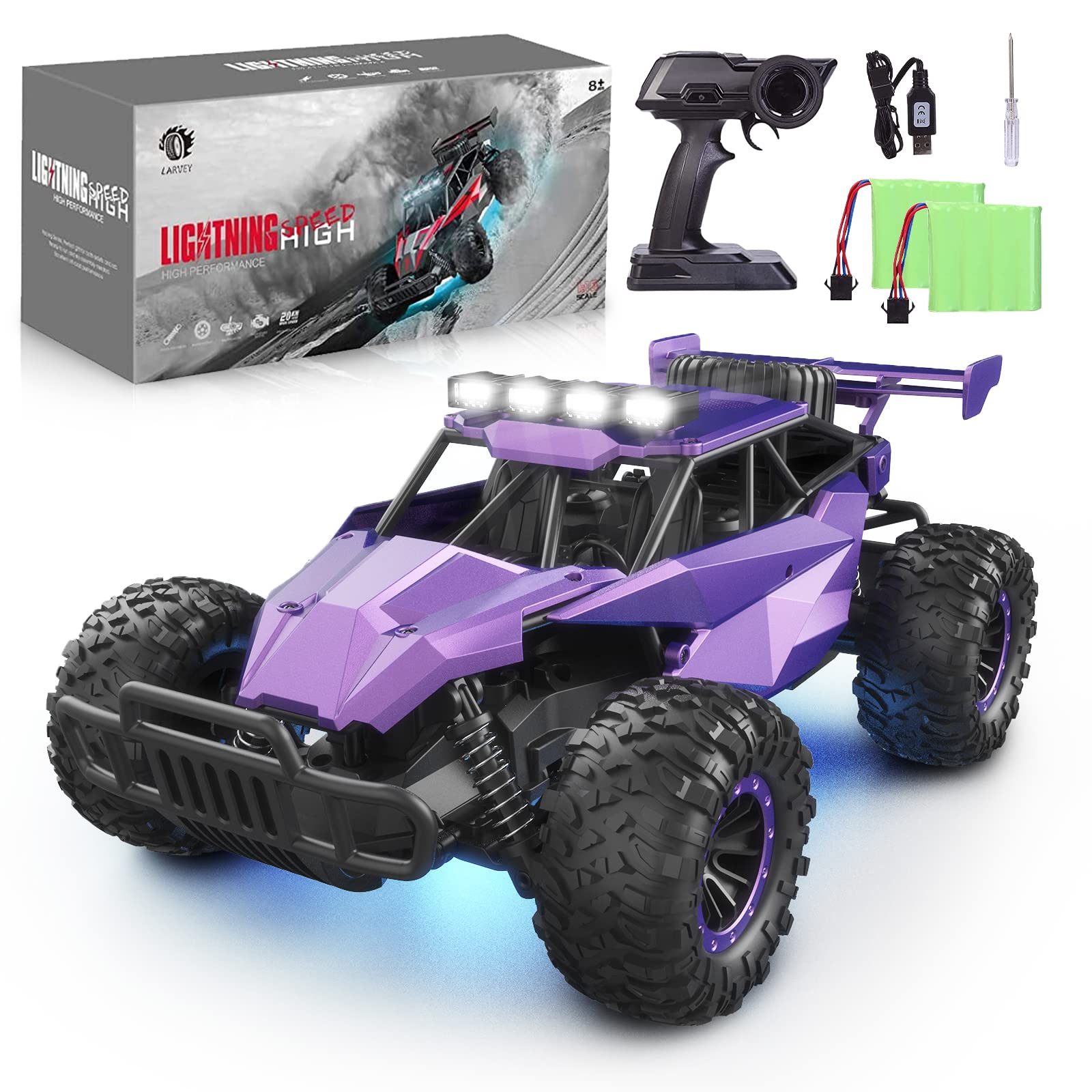 Photo 1 of LARVEY 1:16 Scale Purple Remote Control Car, 20 Km/h High Speed Girls Remote Control Car Monster Vehicle with LED Headlights and Chassis Lights, RC Truck for Girls Boys and Adults