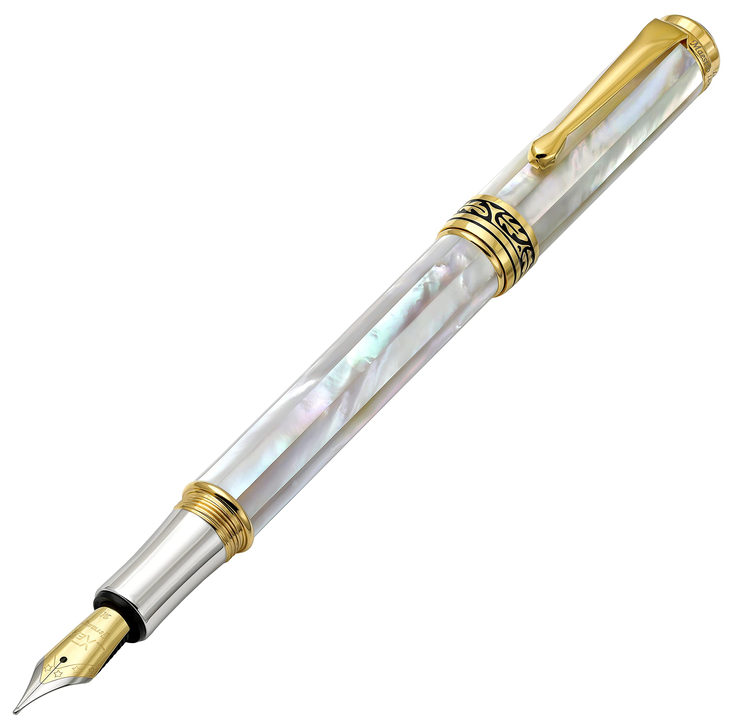 Xezo Maestro Medium Nib Fountain Pen, Oceanic Origin White Mother of Pearl with 18 karat gold and pure platinum plating. Handmade, Limited Edition and Serialized. No two equal