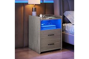 DEPAD Nightstand with Charging Station and LED Light Strip, Night Stands with 2 Drawers, Side Table for Bedroom, LED Grey Nightstands (13.78" D x 15.75" W x 23.62" H)