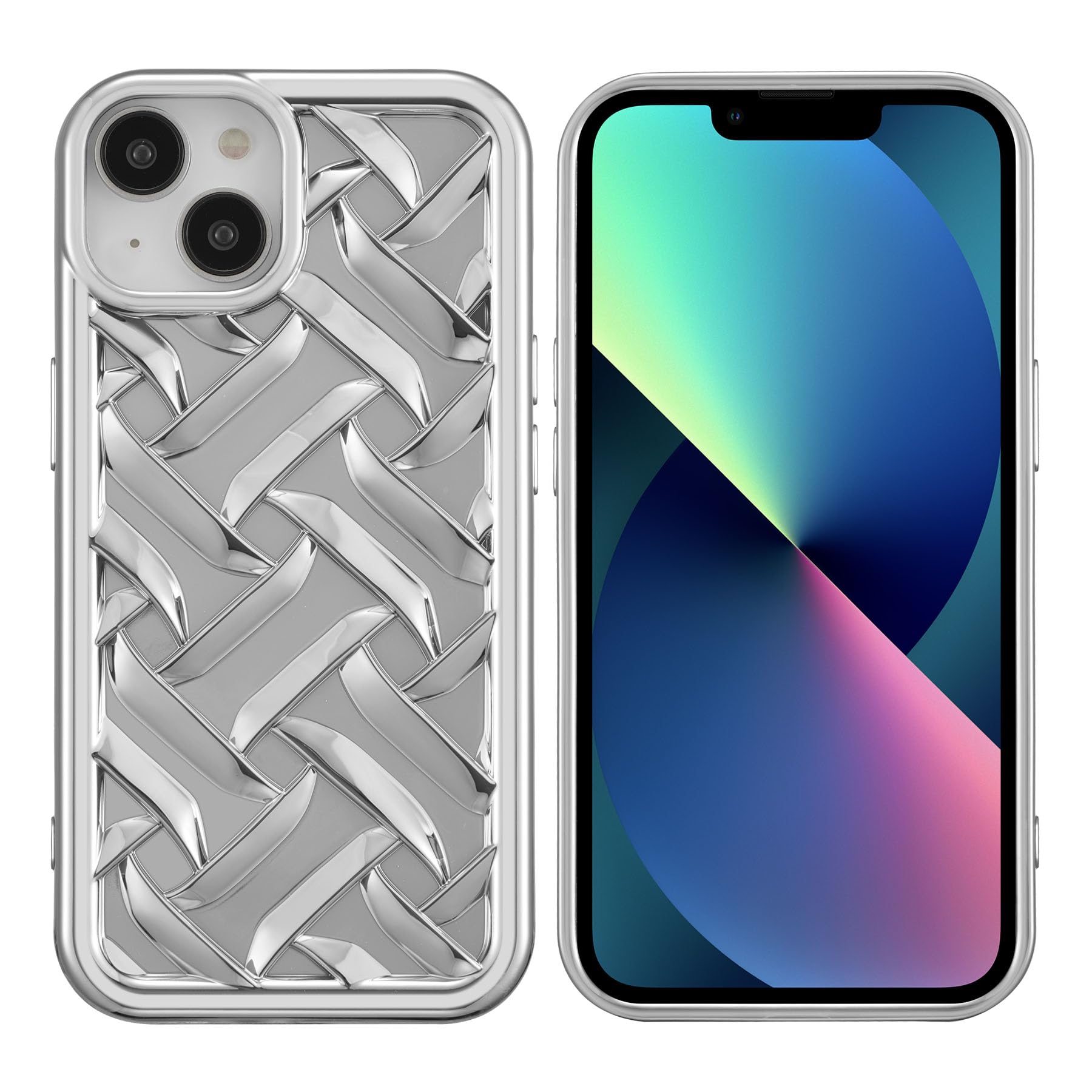 ZCDAYE for iPhone 13 Case, Cute Solid Color 3D Woven Pattern Plating Case Grid Printed Glossy Case for Women Girl Rugged TPU Shockproof Cover iPhone 13 (6.1 inches), Silver