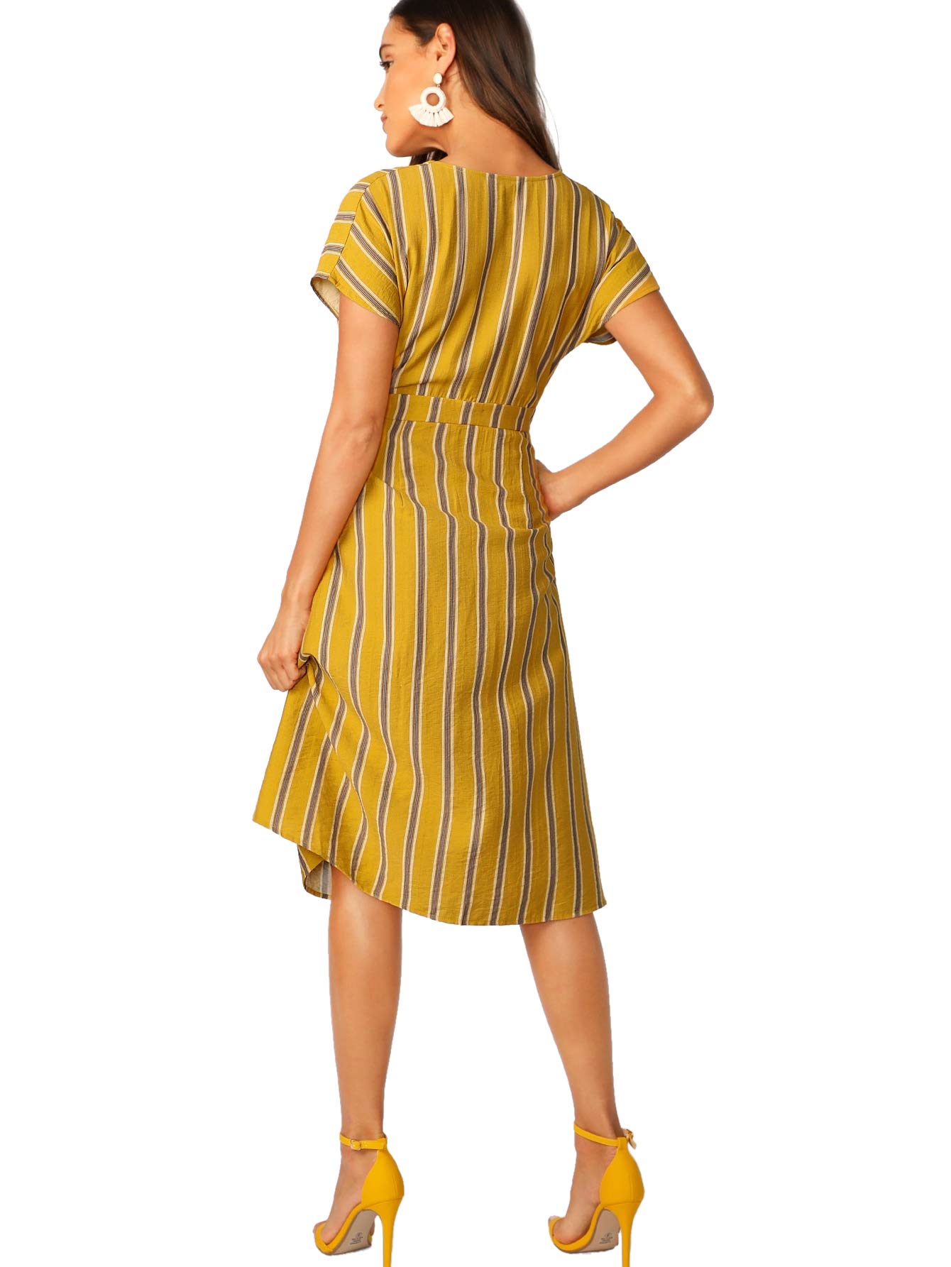 Romwe Women's Elegant Striped Aline Shirt Dress with Pockets