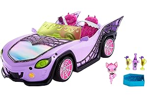 Monster High Toy Car, Ghoul Mobile with Pet and Cooler Accessories, Purple Convertible with Spiderweb Details