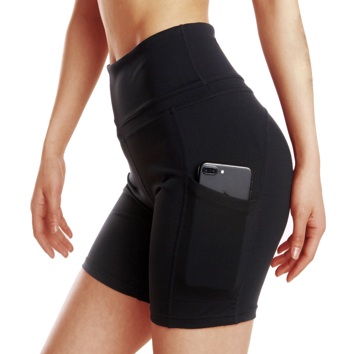 FUURY Womens High Waist Yoga Pants Capri Tummy Control Workout Leggings 4 Way Stretch Yoga Leggings with 2 Out Pockets (Black Short, L)