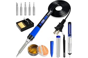 PNECK Soldering Iron Kit, 80W Soldering Iron Pen with Adjustable Temperature, LCD Display, ON/OFF Switch, 5 Tips, Solder Wire, Stand with Sponge, Pump, Paste, Tweezer, Blue