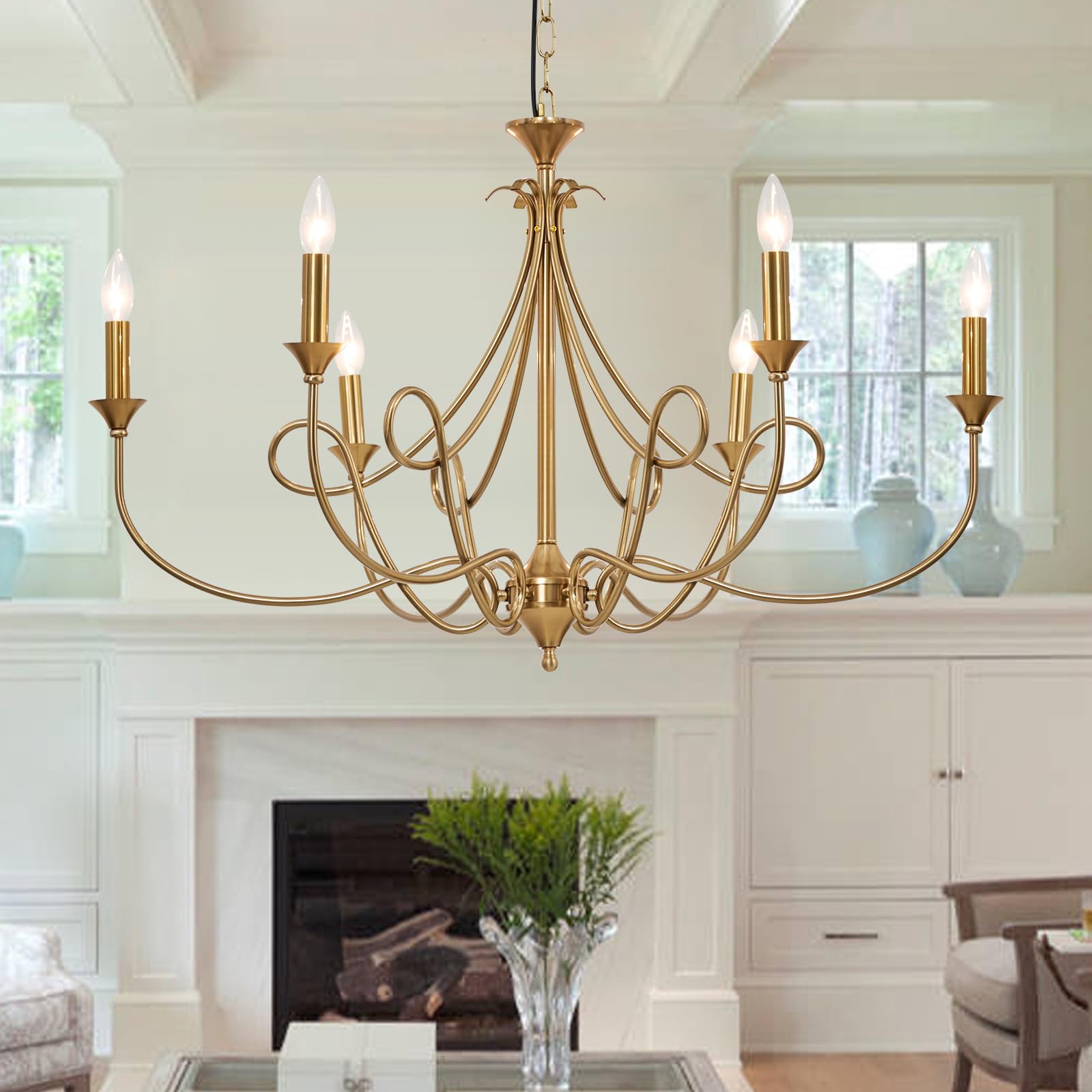 Photo 1 of ****POSSIBLY FOR PARTS UNKNOWN DAMAGES / MISSING PIECES*** Afirstcght 6-Light Modern Chandelier 36.6" Brass Candle Chandeliers Metal Gold Pendant Light Fixture for Dining Room Living Room Kitchen Island Foyer Entryway, E12 Base