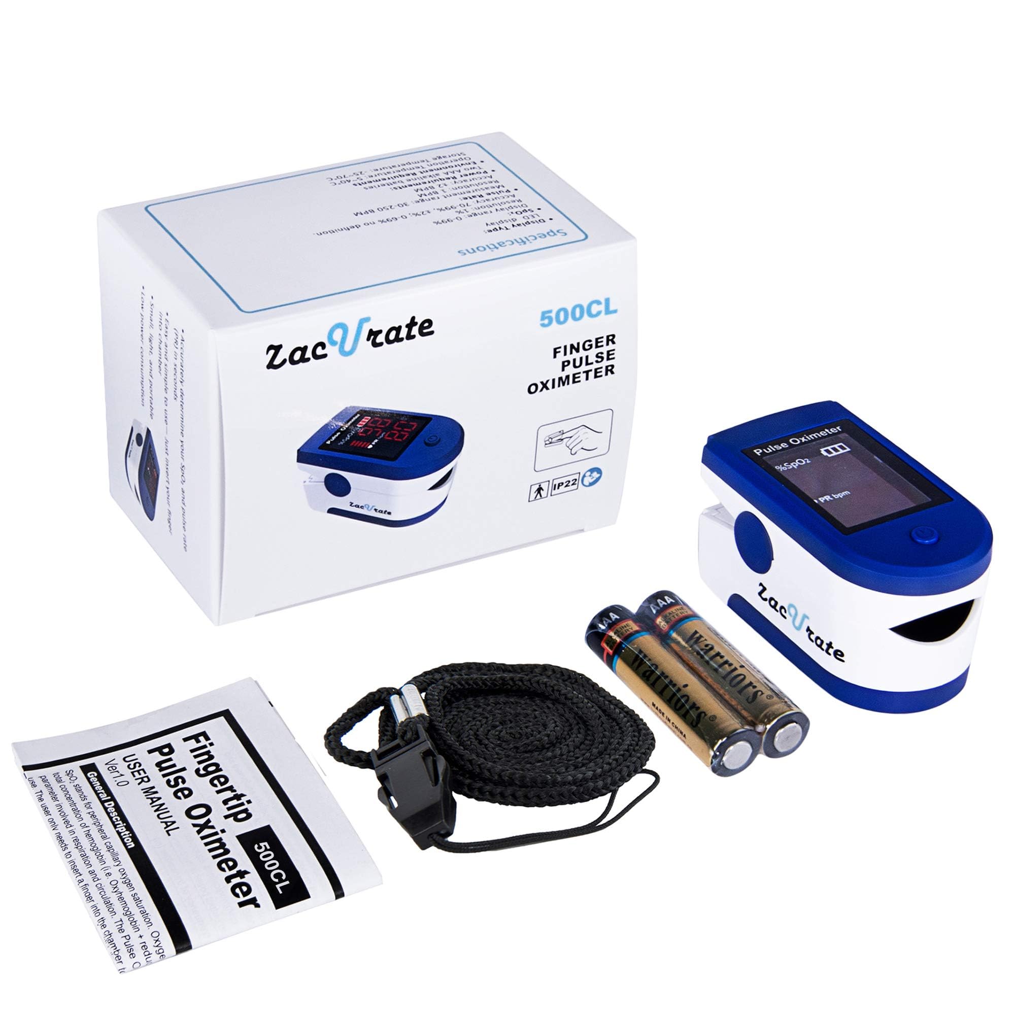 Zacurate FSA/HSA Eligible 500CL Fingertip Pulse Oximeter Blood Oxygen Saturation Monitor with Batteries and Lanyard Included (Sapphire Blue)