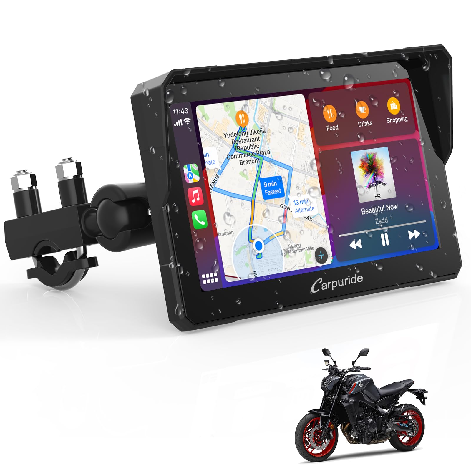 Carpuride W702 Motorcycle GPS Carplay Screen, Wireless CarPlay & Android Auto, Portable Car Stereo for Motorbike, 7" Waterproof Touchscreen, Bluetooth Trans, Navigation, Siri.