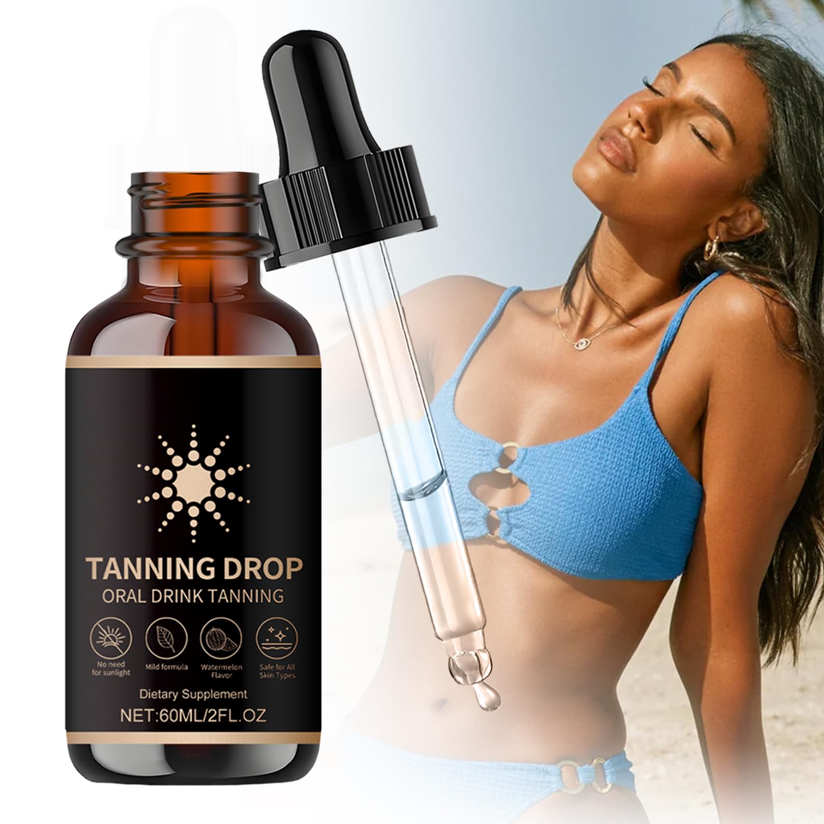 Photo 1 of Sunless Tanning Drops To Drink, Oral Tanning Drops, Bronzing Tanner for Face and Body, Long-Lasting Tans Without Sun, Enhancing Natural Skin Tone for All Skin Types