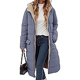 ECOWISH Women Winter Puffer Jacket - Reversible Fur Fleece Lined Hood Zip Sherpa Coat Parka Padded Long Outerwear