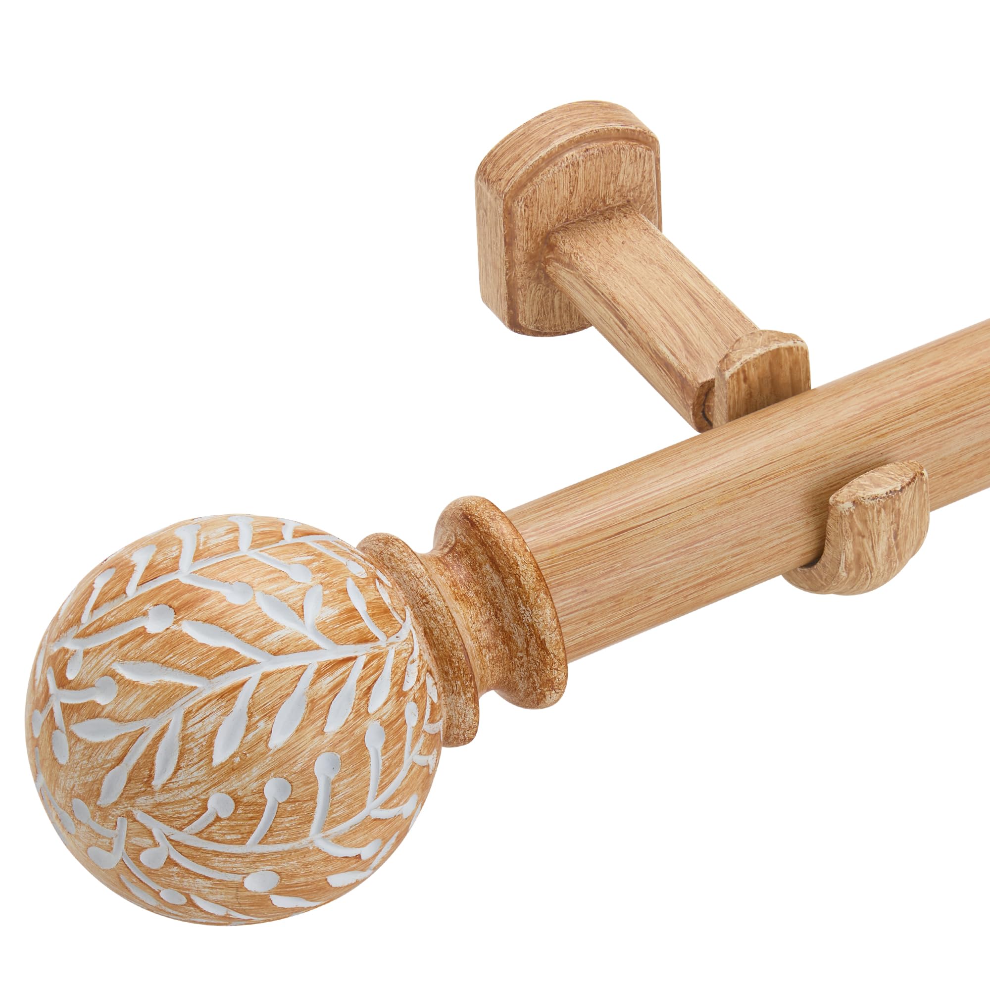 Photo 1 of 1-1/8 Inch Diameter Wood Curtain Rods for Windows 48 to 84 inch - Adjustable Seamless Aluminum Bracket - Heavy-Duty Boho Curtain Rods with Seaweed Finial - Light Wood Grain