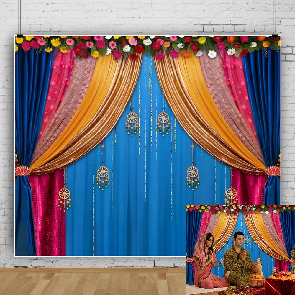 Photo 1 of 10x8ft Indian Backdrop for Photography Traditional Pooja Decoration for Home India Puja Backdrop Curtain Flower Background for Diwali Decoration Wedding Party Ganpati Mehndi Festival Photo Props