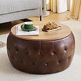 gusohey Large Round Storage Ottoman Coffee Table with Wooden Tabletop, 25 Inches Faux Leather Tufted Ottoman for Living Room,
