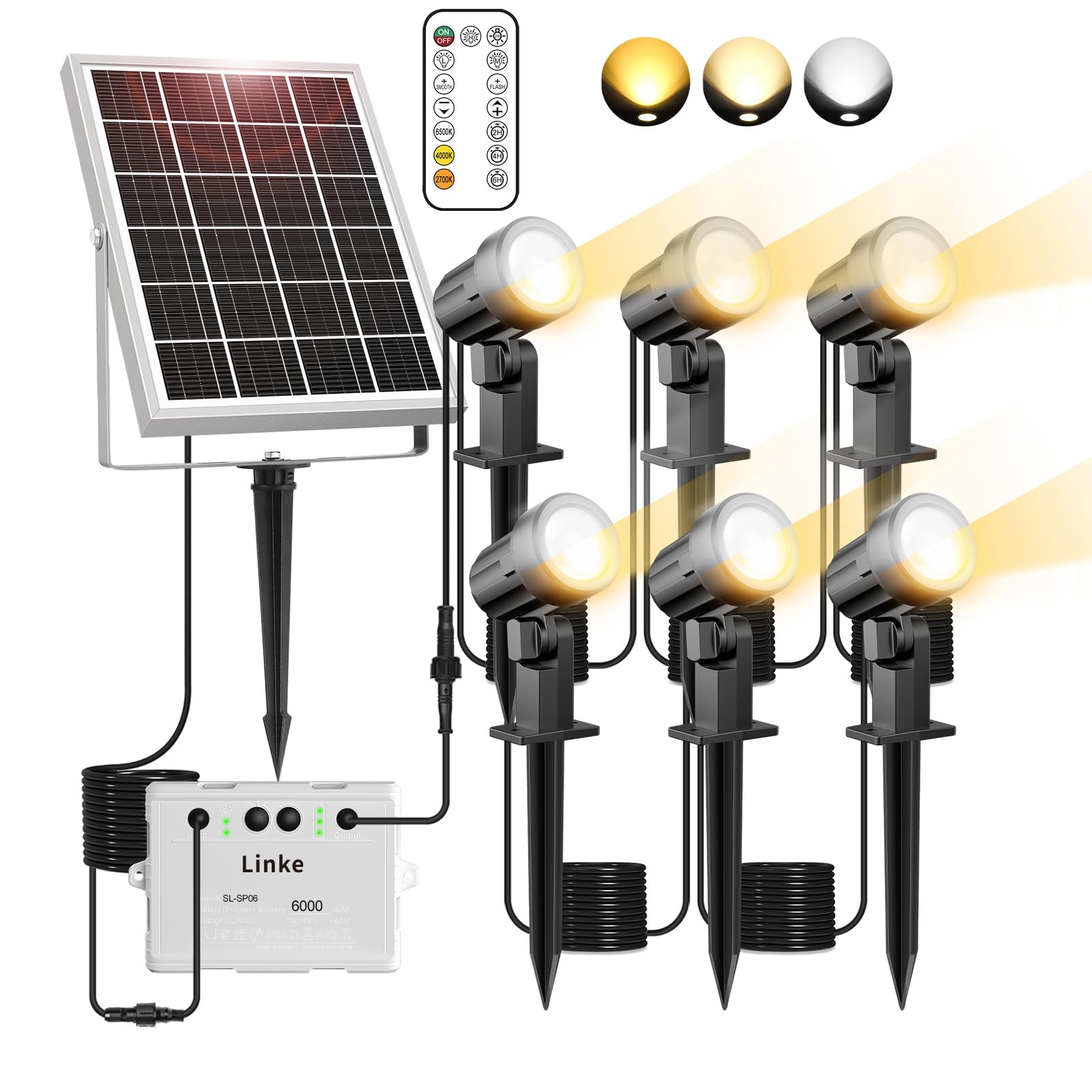 Linke Solar Spot Lights Outdoor Garden, 2700K/4000K/6000K Adjustable 6 in 1 Led Solar Powered Spotlight IP66 Waterproof Solar Landscape Spotlights Solar Fence Lights for Yard Lawn Tree Statue, 6P