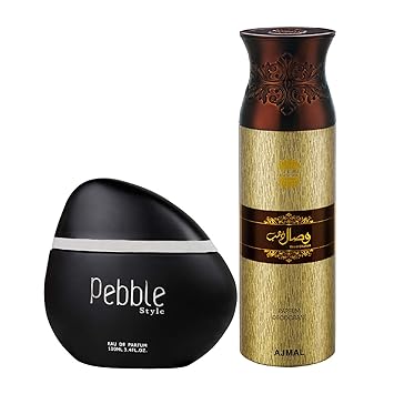 Maryaj Pebble Style Eau De Parfum Spicy Woody Perfume 100ml for Men and Ajmal Wisal Dhahab Deodorant Fruity Floral Fragrance 200ml for Men + 2 Parfum Testers FREE