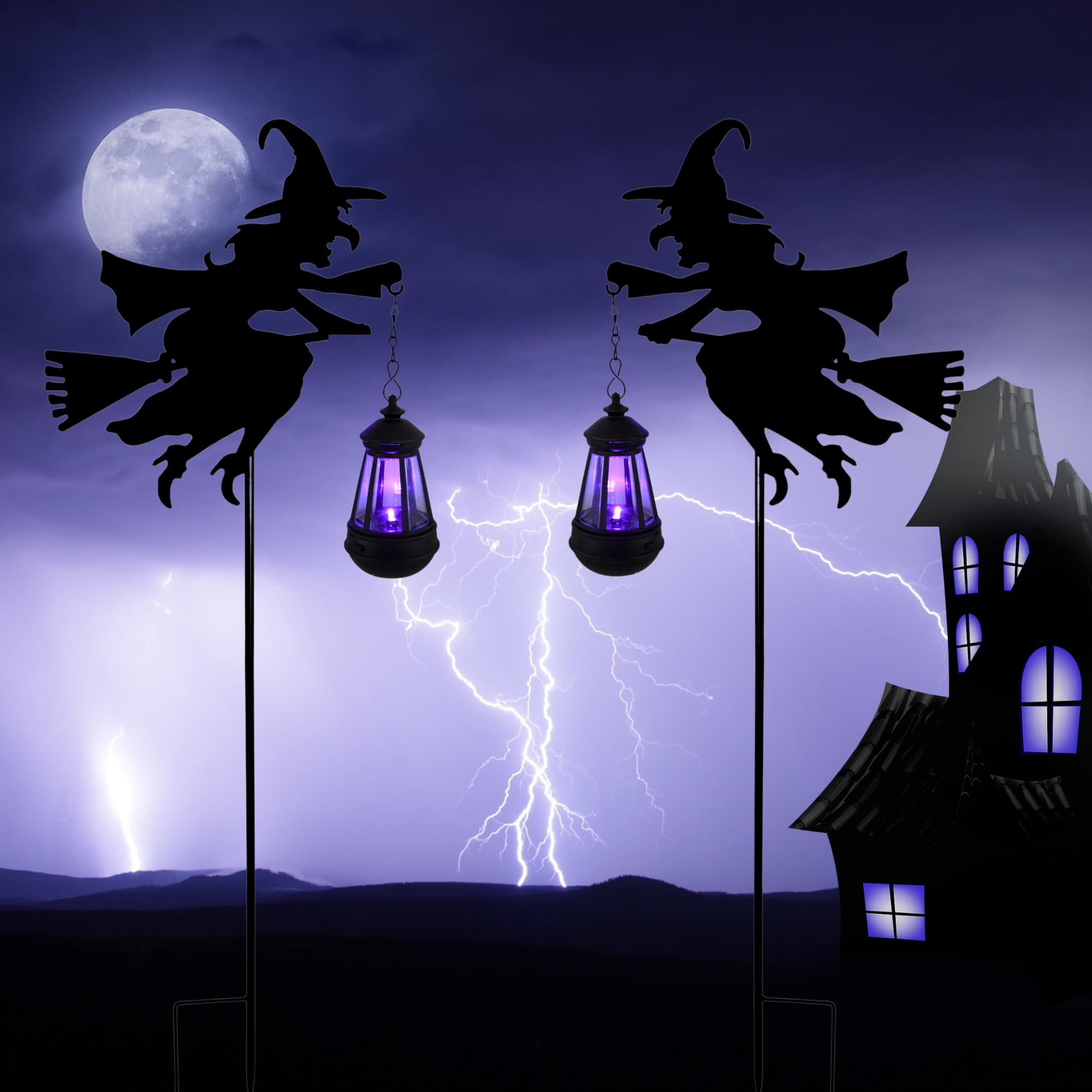 Photo 1 of Halloween Witches Outdoor Solar Lanterns 2 Pack - Halloween Decorations Outdoor Witch Statue, Solar Garden Stakes, Metal Yard Decor, Whimsical Decor for Patio (Purple Light)
