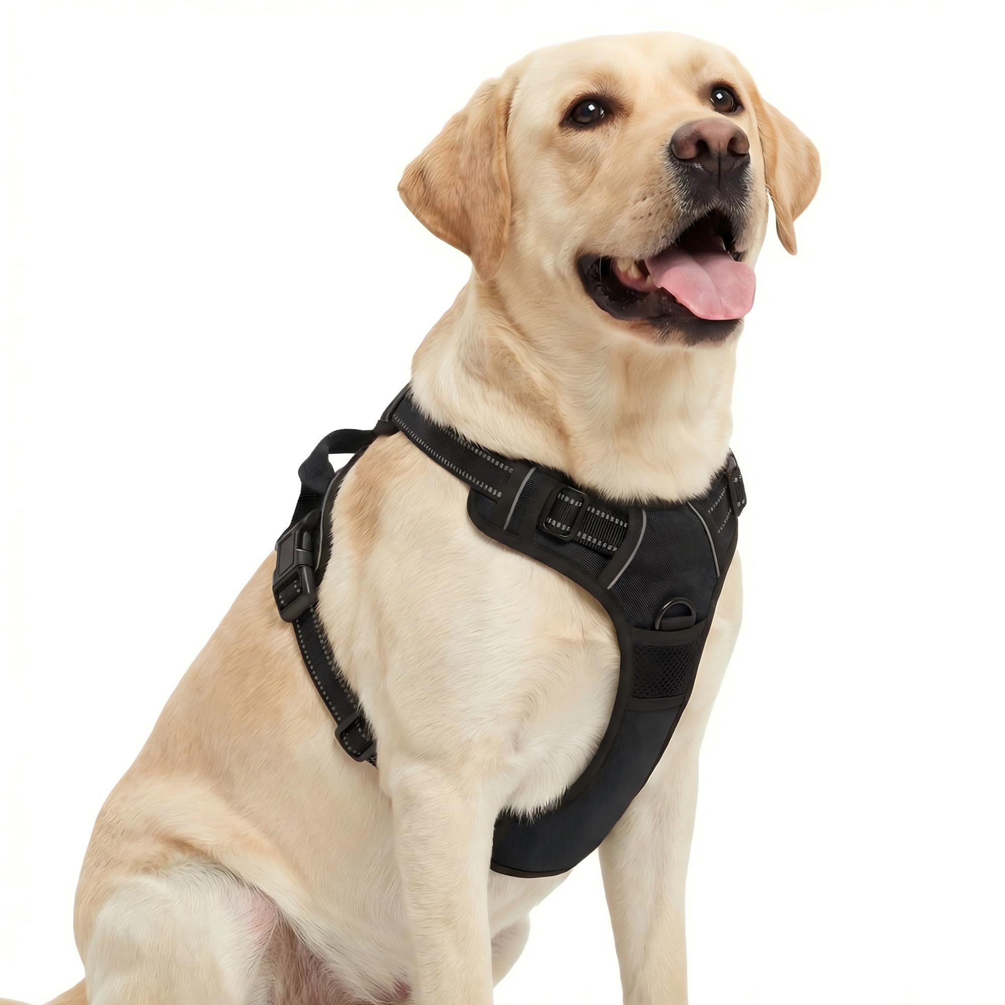 Funfox Dog Harness Large Dog, 2 Clips No Pull Vest Harness Handle Control, Adjustable Pet Harness with Reflective Strips Outdoor Traction Specialized Chest Harness Safe Walking Dog, Black, XL