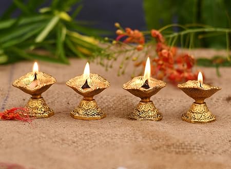 Collectible India Set of 4 Handmade Metal Diya Oil Lamp for Diwali Puja - Swastik Diya Lamp Engraved Design Dia - Diwali Decoration for Home - Diwali Lights - Diya for Puja - Diyas for Diwali