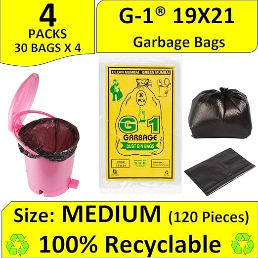 G 1 Black Garbage Bags 19 X 21 Inch | 4 Packs of 30 Pcs - 120 Bags | Disposable Dustbin Bags