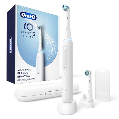 Oral-B iO Deep Clean Rechargeable Electric Toothbrush, White, iO Series 3 Limited, 2 Brush Heads, Travel Case, Pressure Sensor, 3 Cleaning Settings, 2-Minute Timer