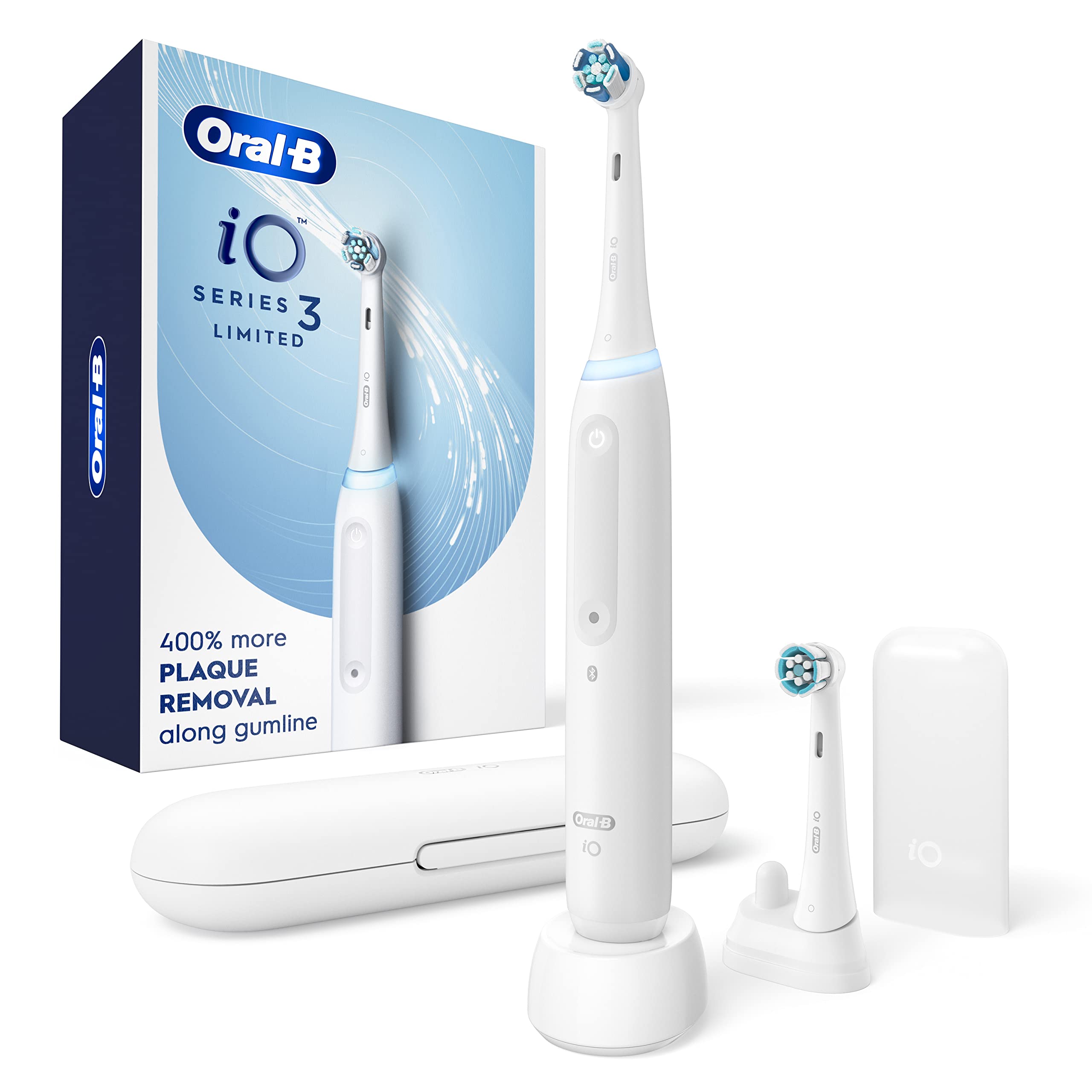Photo 1 of Oral-B iO Deep Clean Rechargeable Electric Powered Toothbrush, White with iO Series 3 Limited, 2 Brush Heads and Travel Case - Pressure Sensor to Protect Gums - 3 Cleaning Settings - 2 Minute Timer