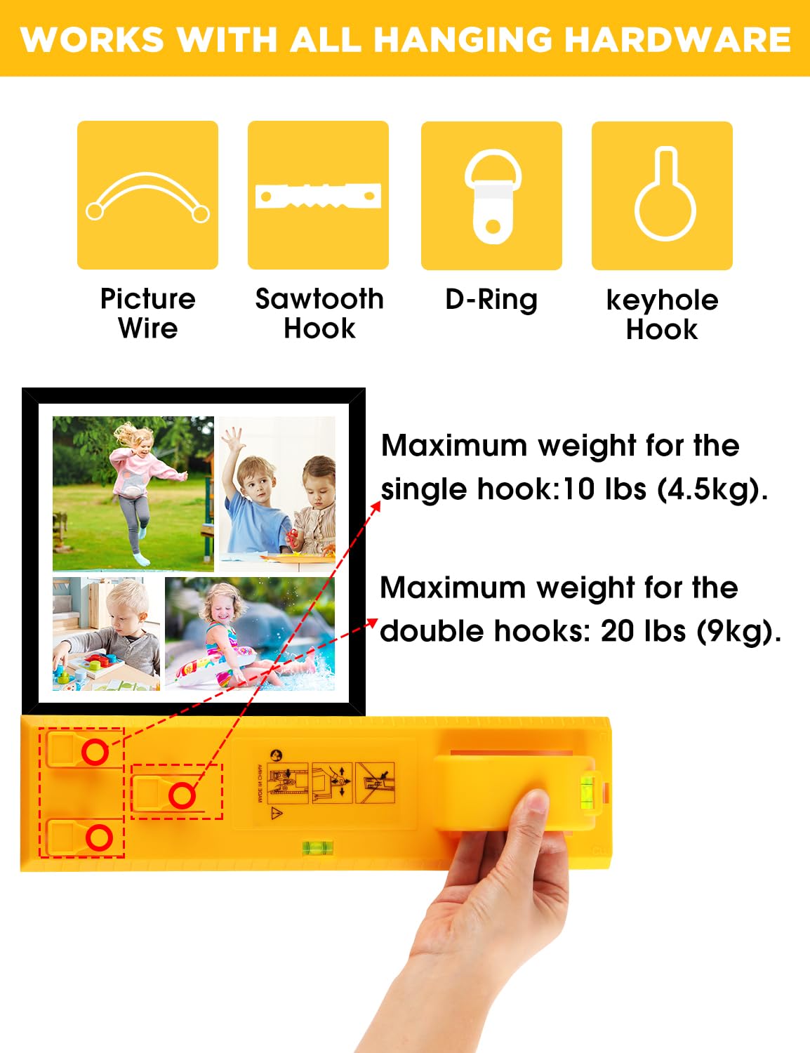 Stalishare Picture Hanging Tool with Level, Goodsnova Photo Frame Hanging Tool for Easy Marking Position, Wall Hanger Helper Guide for Photo/ Art/ Painting Frame (Plastic, Yellow)