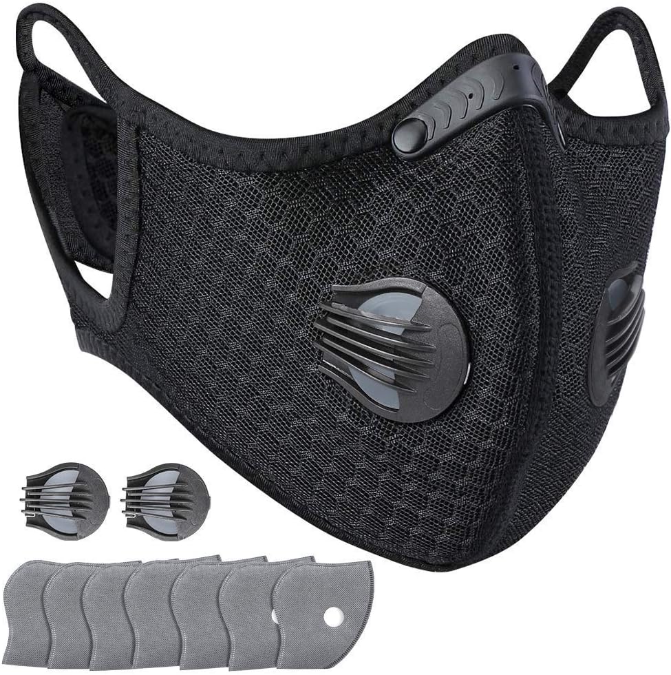 SEEKONE Dust Breathing Mask, Activated Carbon Dustproof Safety Mask Respirator with Extra 7 Carbon N99 Filters and 2 Valves for Pollen Allergy Woodworking Mowing Cycling Outdoor Activities (Black)