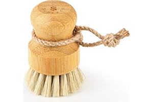 SUBEKYU Bamboo Dish Scrub Brushes for Kitchen, Cleaning Scrubber for Washing Cast Iron Pan/Pot, Natural Sisal Bristles, 1 Pack