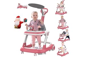 MADEBUT Baby Walker, 5 and 1 Baby Walker with Wheels, 2-Height Baby Girl Walker with Cushion, Jump Pad, Sunshade, Foldable Baby Walker with Activity Center, Music Disc,Baby Push walkers for Babies 6-12 Months
