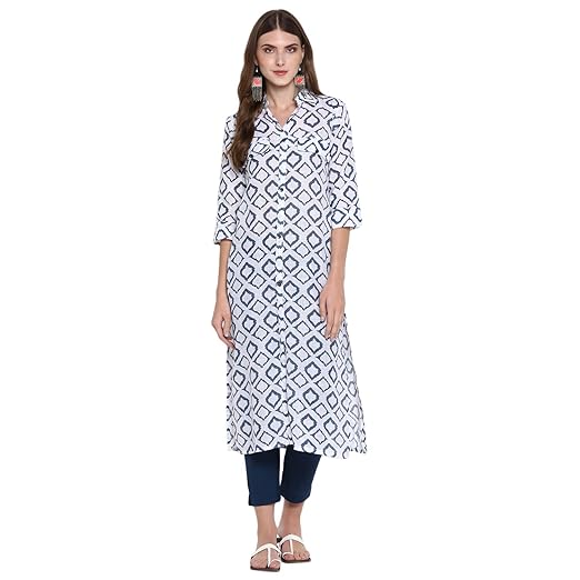 Womens White Cotton Straight Calf Length Block Printed Kurti(AD-0015_White)
