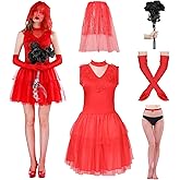 Lydia Deetz Costume for Women Halloween Red Bride Wedding Dress with Gloves Fishnet Tights for Halloween Cosplay Outfits