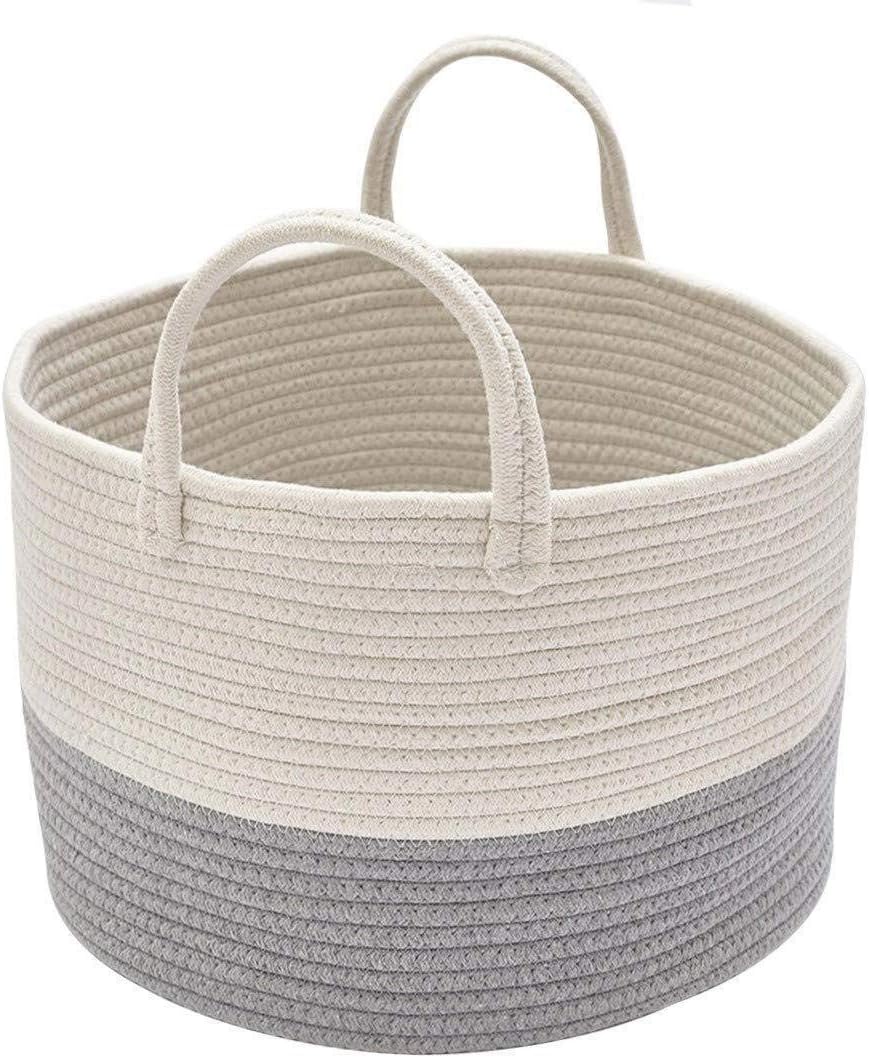 Depory Storage Bucket Large Storage Baskets Cotton Rope Basket Woven Baby Laundry Basket with Handle for Diaper Toy Cute Neutral Home Decor 15.7"(D) x 9.8"(H) (White/Grey)