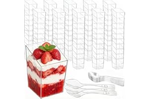 Okllen 100 Pack 3 Oz Mini Dessert Cups with Spoons, Clear Slanted Square Dessert Tumbler Thick Plastic Shot Glasses, Appetize