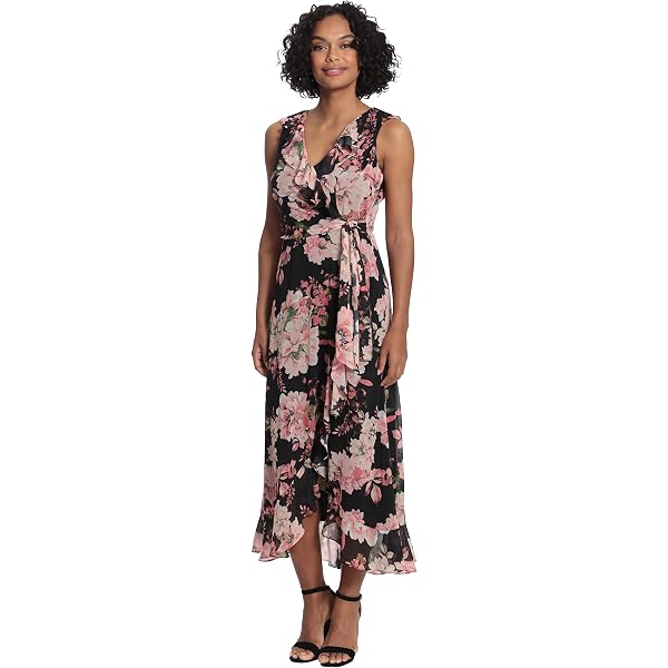 Vince Camuto Women's Floral Chiffon Ruffle Maxi, Navy, 4 at Amazon Women's  Clothing store