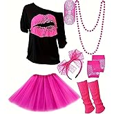 80s Outfit Women Lips Print Costume Set with off Shoulder Tshirt Tutu Skirt Headband Necklace Holiday Party Retro Y2k Clothes