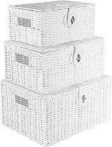 Innoteck Wicker Storage Basket Set with Lids White Large Medium Small