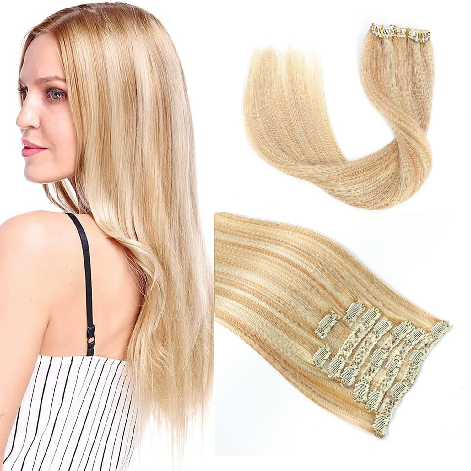 22'' Double Weft Clip in Hair Extensions Real Human Hair Full Head 8PCS 100g Silky Straight -100% Remy Human Hair Highlighted Color Clip in Human Hair Extensions (22 Inch 100g, #18/613)