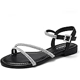 Greatonu Sandals for Women 2026, Dressy Rhinestone Flat Sandals for Wedding & Evening, Sparkly Bridal Sandals with Comfortable Ankle Strap