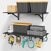 Jusgym 2-Pack 2x4ft Garage Shelving Wall Mounted, 2' x 4' Heavy Duty Garage Storage Shelves with Hooks, 500LB Capacity