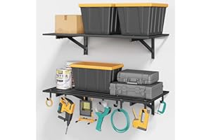 Jusgym 2-Pack 2x4ft Garage Shelving Wall Mounted, 2' x 4' Heavy Duty Garage Storage Shelves with Hooks, 400LB Capacity