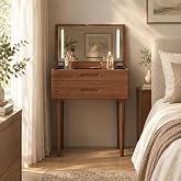 Muwuele Solid Wood Small Vanity Desk with Mirror and Lights, 23.6", Walnut | Flip Top Mirror, 2 Drawers, Touch Control, 3 Color Modes, Adjustable Brightness, Easy Assembly, For Bedroom &amp; Small Spaces